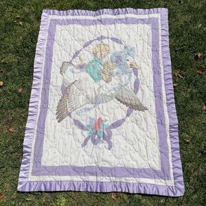 VTG Mother Goose Teddy Bear Satin Trim Quilted Crib Blanket Precious Memories?